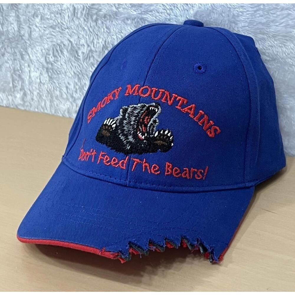 Smoky Mountains Don't Feed the Bears Distressed Hat Blue Red Adjustable